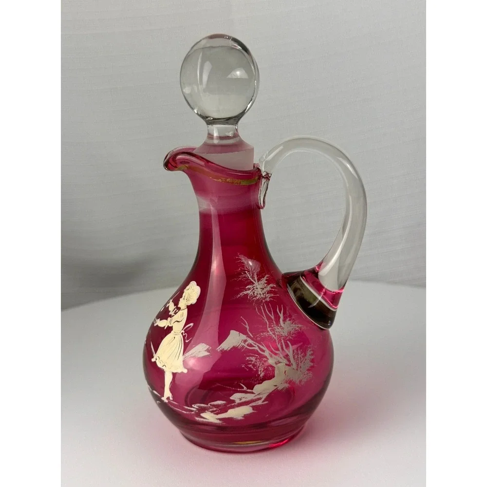 Vintage Mary Gregory Style Cranberry Glass Decanter Pink Enamel Girl 7.5in Good